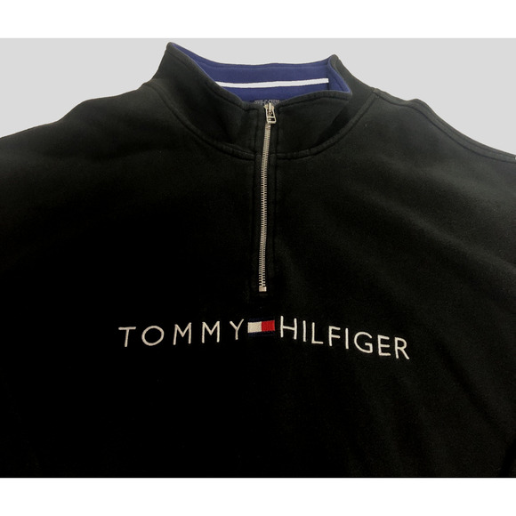 Vintage Tommy Hilfiger Men's Quarter Zip Sweatshirt XXL Black Heavyweight Logo - Picture 5 of 9